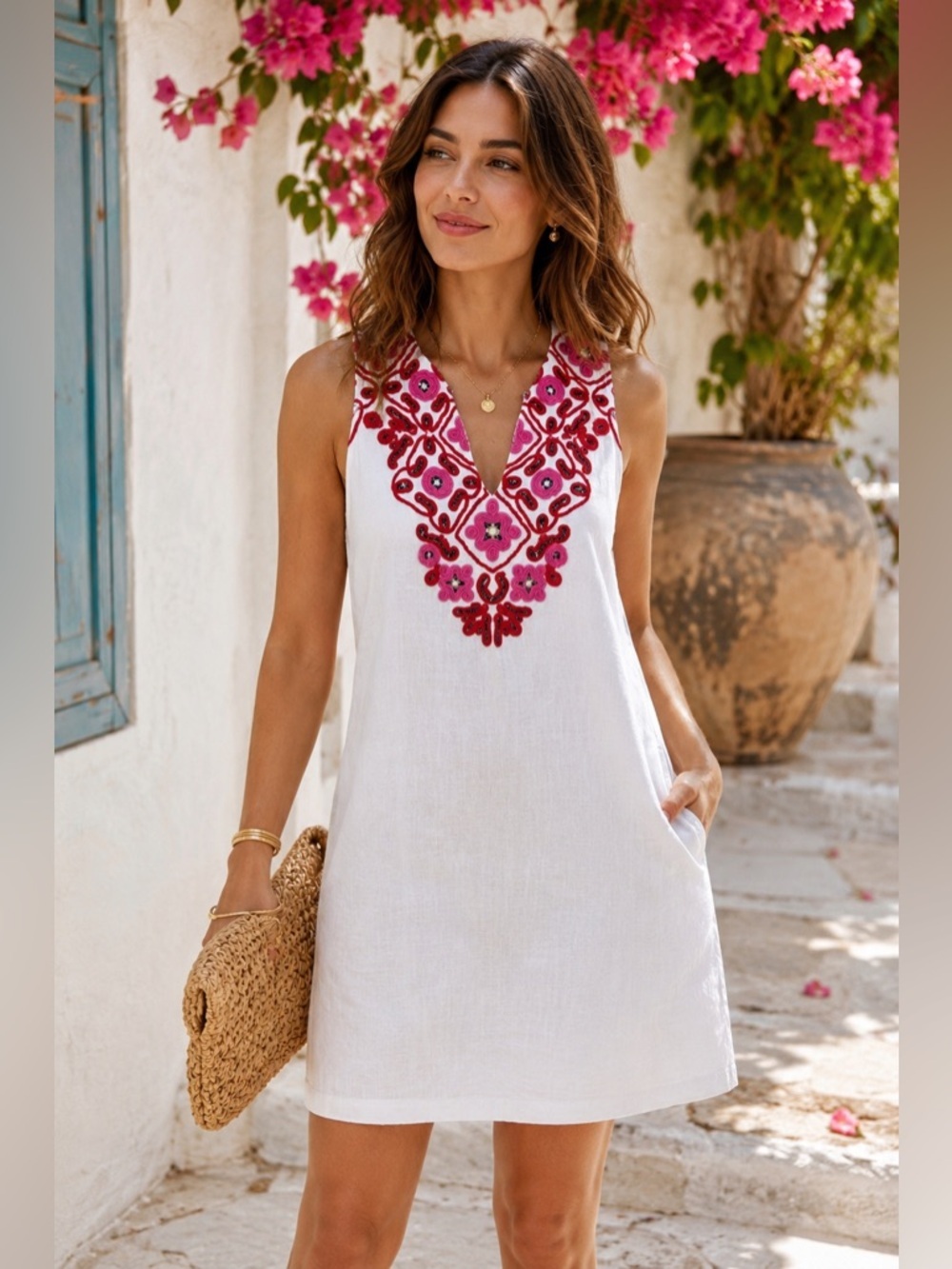 J. Crew Embroidered Linen Shift Dress White Pink Red Floral Sleeveless Sz XXS